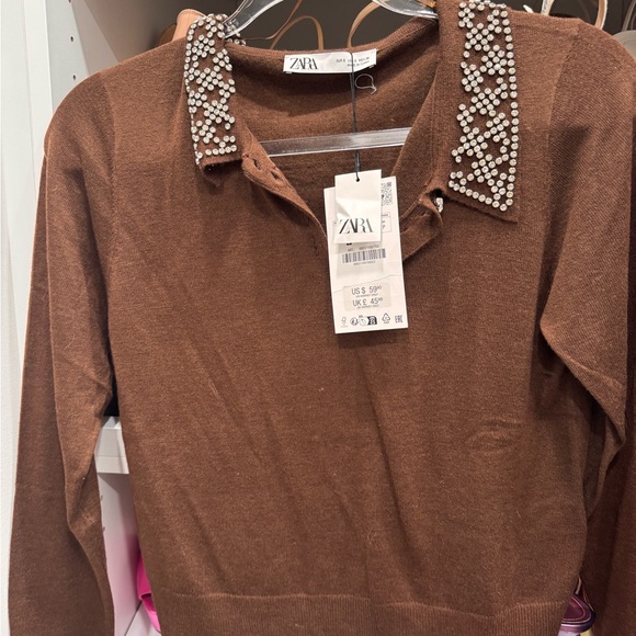 NWT Zara Brown Sweater with Embellished Collar - Picture 5 of 7